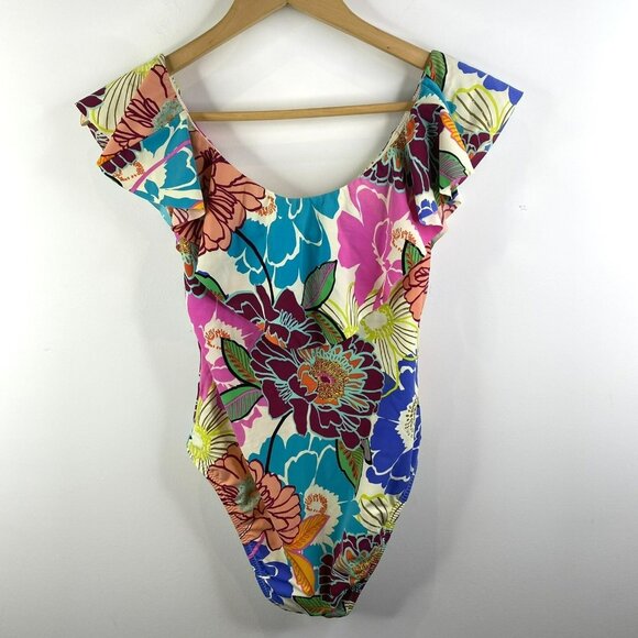 Trina Turk Swimsuit Size 4 Radiant Blooms Bandeau One Piece Ruffle Floral - Picture 3 of 4